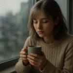 寒い雨の日、窓際で温かいマグを抱えた女性が目を閉じ、静かに心を整えている横長写真。ぬくもりと内省をテーマにした1枚。 A young woman holds a warm mug by a rain-blurred window, eyes closed in quiet reflection. A photo capturing warmth and stillness on a rainy day.