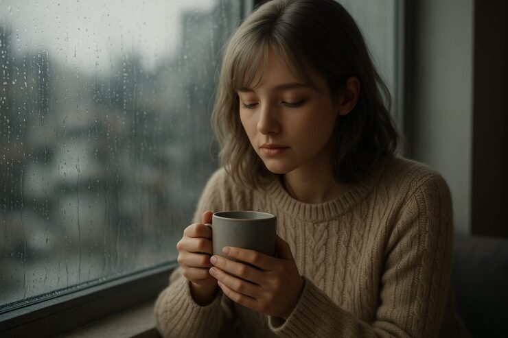 寒い雨の日、窓際で温かいマグを抱えた女性が目を閉じ、静かに心を整えている横長写真。ぬくもりと内省をテーマにした1枚。 A young woman holds a warm mug by a rain-blurred window, eyes closed in quiet reflection. A photo capturing warmth and stillness on a rainy day.
