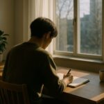 窓際で静かにノートに向き合う姿を、朝の光が優しく包む構図。 A quiet figure writing in a notebook by the window, softly lit by gentle morning sunlight.