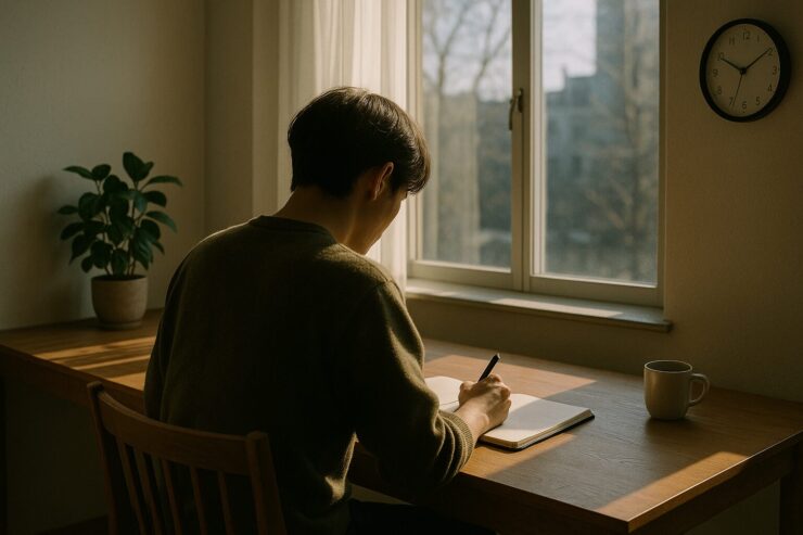 窓際で静かにノートに向き合う姿を、朝の光が優しく包む構図。 A quiet figure writing in a notebook by the window, softly lit by gentle morning sunlight.