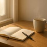 朝の光が差し込む草原に置かれたマグカップとノート。新しい一日の始まりを象徴する静かな朝活の情景。 A calm morning scene of a notebook and a coffee mug placed on sunlit grass, symbolizing the start of a fresh day.