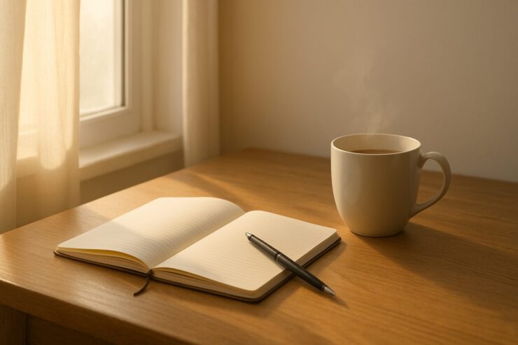 朝の光が差し込む草原に置かれたマグカップとノート。新しい一日の始まりを象徴する静かな朝活の情景。 A calm morning scene of a notebook and a coffee mug placed on sunlit grass, symbolizing the start of a fresh day.