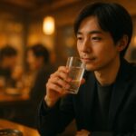 忘年会で飲みすぎないように炭酸水を選ぶ理性的な男性。静かな笑みと自制の象徴。 A composed man at a year-end party quietly holding sparkling water instead of alcohol, symbolizing calm and self-control.