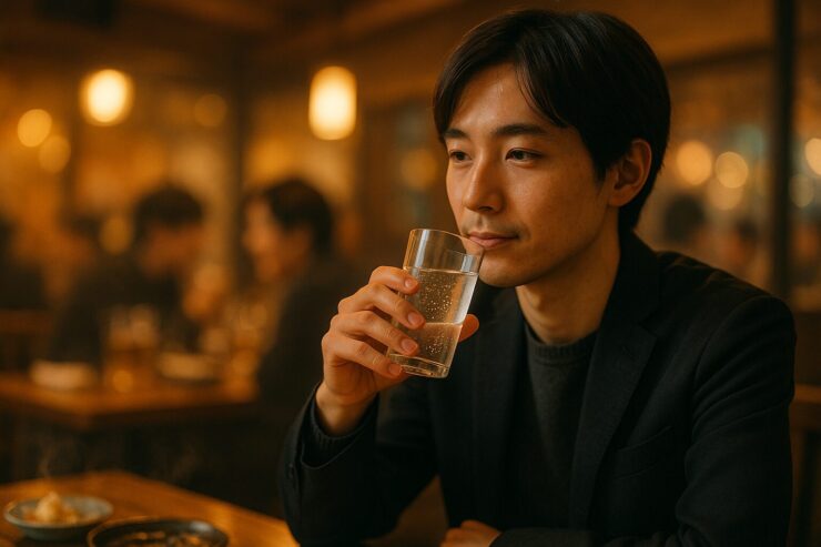 忘年会で飲みすぎないように炭酸水を選ぶ理性的な男性。静かな笑みと自制の象徴。 A composed man at a year-end party quietly holding sparkling water instead of alcohol, symbolizing calm and self-control.