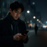 年末の夜、スケジュールに追われて疲れた表情でスマホを見つめる30代の会社員。冷たい空気に白い息が溶け、予定の圧に押されながら立ち止まっている瞬間。 A young East Asian office worker in their thirties stands on a winter night street, looking tiredly at their smartphone. Visible breath haze and city lights emphasize the feeling of schedule overload and exhaustion.