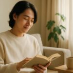 穏やかな自然光が差し込むリビングで、快適家電に囲まれてくつろぐ人物の横長構図。柔らかな光が手元と家具を照らし、生活の質が上がる空気を感じられるシーン。 A calm living room filled with soft natural light where a person relaxes among quality of life appliances. Gentle light touches their hands and the surrounding furniture in a serene wide composition.