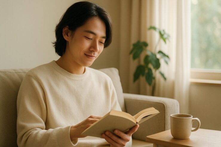 穏やかな自然光が差し込むリビングで、快適家電に囲まれてくつろぐ人物の横長構図。柔らかな光が手元と家具を照らし、生活の質が上がる空気を感じられるシーン。 A calm living room filled with soft natural light where a person relaxes among quality of life appliances. Gentle light touches their hands and the surrounding furniture in a serene wide composition.