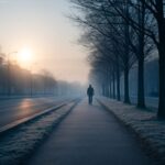 正月太りを防ぐ行動をテーマにした横長ビジュアル。冬の朝の落ち着いた空気の中で、健康的な生活習慣を意識する雰囲気を表現している。 A wide horizontal image representing habits to avoid gaining weight during the New Year holidays, with a calm winter atmosphere and a healthy lifestyle mood.