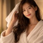 風呂上がりの大人の女性が白いバスローブ姿で、タオルで濡れた髪をやさしく拭きながら微笑む横長ポートレート。暖色の室内照明と柔らかな背景ボケが、清潔感とリラックス感を引き立てている。 A wide landscape portrait of an adult woman fresh out of the bath, smiling softly while towel-drying her damp hair in a white bathrobe, lit by warm indoor light with gentle background bokeh for a clean, relaxed mood.