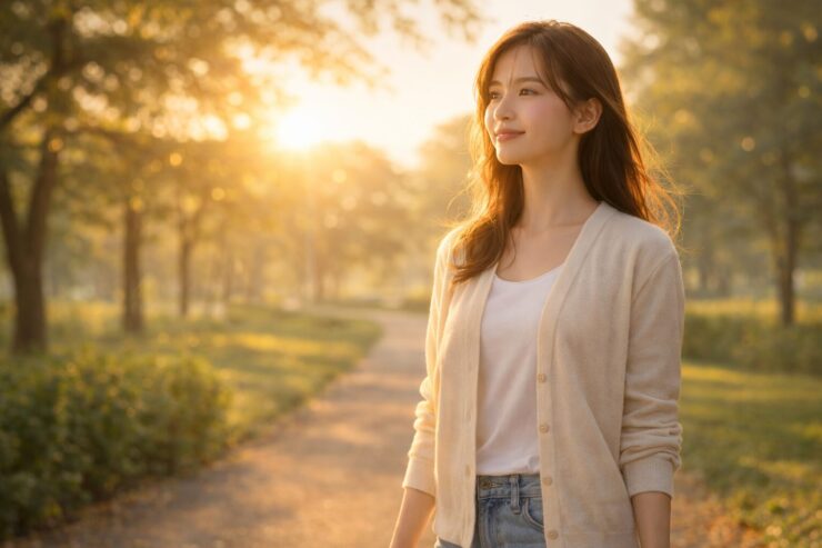 朝の公園で大人の女性が朝日を浴びながら穏やかに微笑む横長ポートレート。木漏れ日のゴールデンアワーと柔らかな背景ボケが、清潔感と回復感のある朝の雰囲気を演出している。 A wide landscape portrait of an adult woman in a park at sunrise, softly smiling while bathing in warm golden light, with sun flare through trees and gentle background bokeh for a calm, refreshed morning mood.
