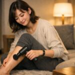 仕事帰りにたくさん歩いてむくんだ足を、ソファに座って小型のマッサージガンでふくらはぎから足首まで丁寧にほぐしている女性の横長ポートレート。歩き疲れや足のむくみ対策として筋膜リリースとフットケアをしている様子。 / A wide portrait of a young Japanese woman sitting on a sofa, using a compact handheld massage gun to release tension in her tired, swollen calves and feet after walking a lot, focusing on calf massage, foot care and fascia release for tired legs.