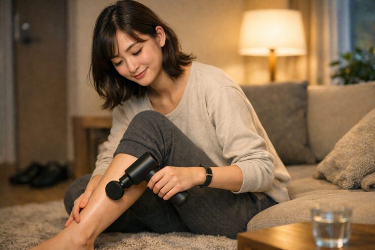 仕事帰りにたくさん歩いてむくんだ足を、ソファに座って小型のマッサージガンでふくらはぎから足首まで丁寧にほぐしている女性の横長ポートレート。歩き疲れや足のむくみ対策として筋膜リリースとフットケアをしている様子。 / A wide portrait of a young Japanese woman sitting on a sofa, using a compact handheld massage gun to release tension in her tired, swollen calves and feet after walking a lot, focusing on calf massage, foot care and fascia release for tired legs.