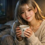 新月の夜、窓辺でマグカップを両手に抱え、少し疲れた表情で息を整えている若い女性のポートレート。体調が落ちる夕暮れを責めず、静かな部屋で自分をそっと休ませている様子を切り取った一枚。 A young Japanese woman sits by the window at dusk, cradling a warm mug with a gently tired gaze, one hand resting over her ribs as she lets herself slow down on a new moon evening, wrapped in soft room light that protects her instead of pushing her.