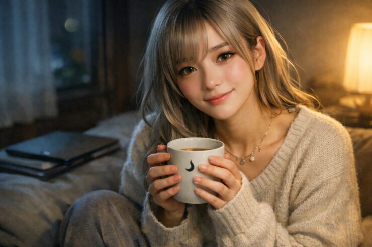 新月の夜、窓辺でマグカップを両手に抱え、少し疲れた表情で息を整えている若い女性のポートレート。体調が落ちる夕暮れを責めず、静かな部屋で自分をそっと休ませている様子を切り取った一枚。 A young Japanese woman sits by the window at dusk, cradling a warm mug with a gently tired gaze, one hand resting over her ribs as she lets herself slow down on a new moon evening, wrapped in soft room light that protects her instead of pushing her.