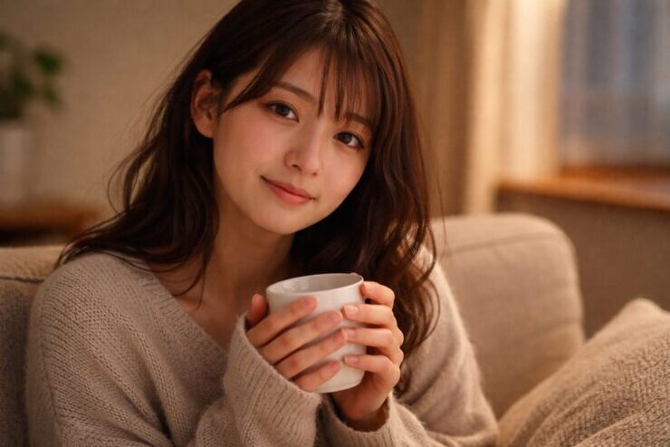 夜の部屋でマグカップを両手に包む若い女性の横長ポートレート。潤んだ瞳と小さな微笑が、責めたあとに戻る安堵を映す。A soft-lit horizontal portrait of a woman holding a mug, teary-eyed yet gently relieved, suggesting self-compassion.