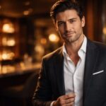 若々しくダンディな男性がバーラウンジで微笑む横長ポートレート、チャコールグレーのジャケットと白シャツが大人の余裕と清潔感を印象づけるアンチエイジングイメージ Wide horizontal portrait of a young-looking dandy man in a charcoal gray suit and white shirt, standing in a warm bar lounge and smiling confidently, expressing an elegant anti-aging lifestyle